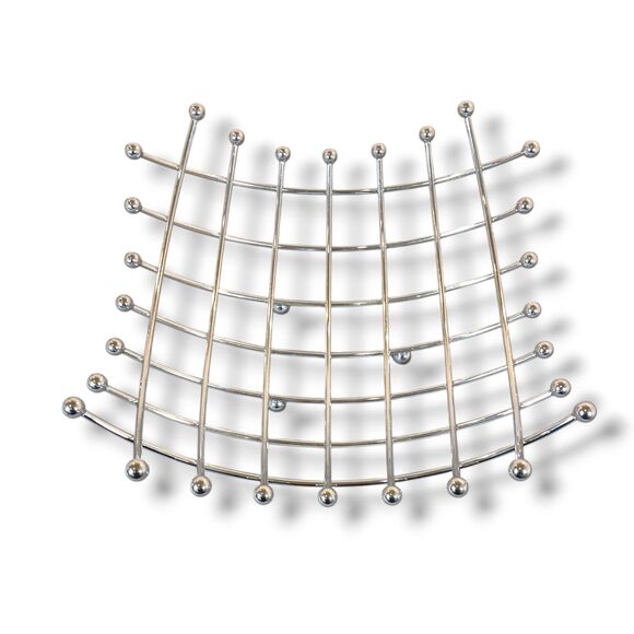 MCM Chrome Fruit Bowl Silver Ball Feet Atomic Grid Curve Basket 12x12 MidCentury - Picture 6 of 7